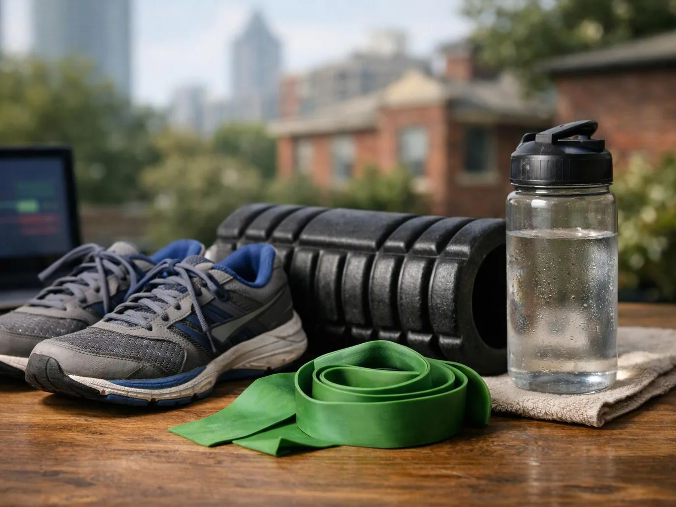 Running shoes, a foam roller, a green resistance band, and a water bottle sit on a table outdoors