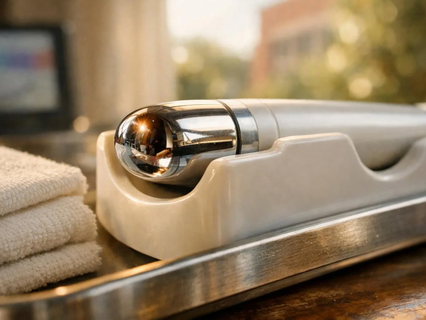 A shiny metal cylindrical object rests in a white cradle beside folded towels on a tray