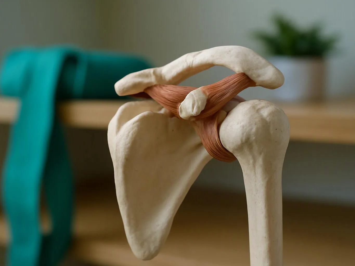 A shoulder joint model sits on a table with a teal cloth and blurred plant in the background