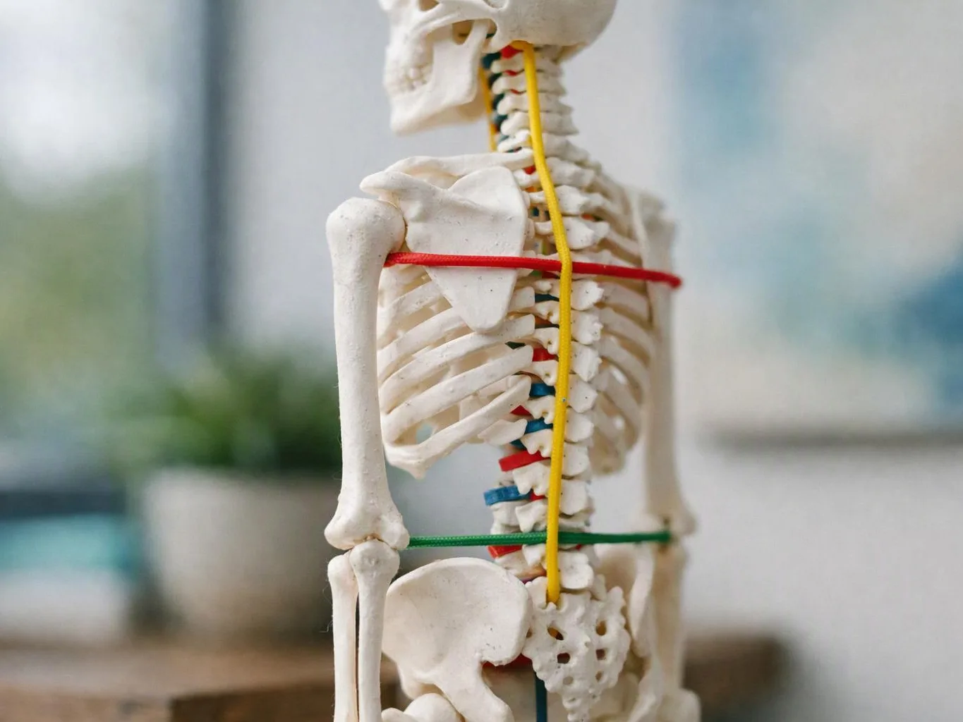 A small human skeleton model stands side view with colored wires around its ribs and spine indoors