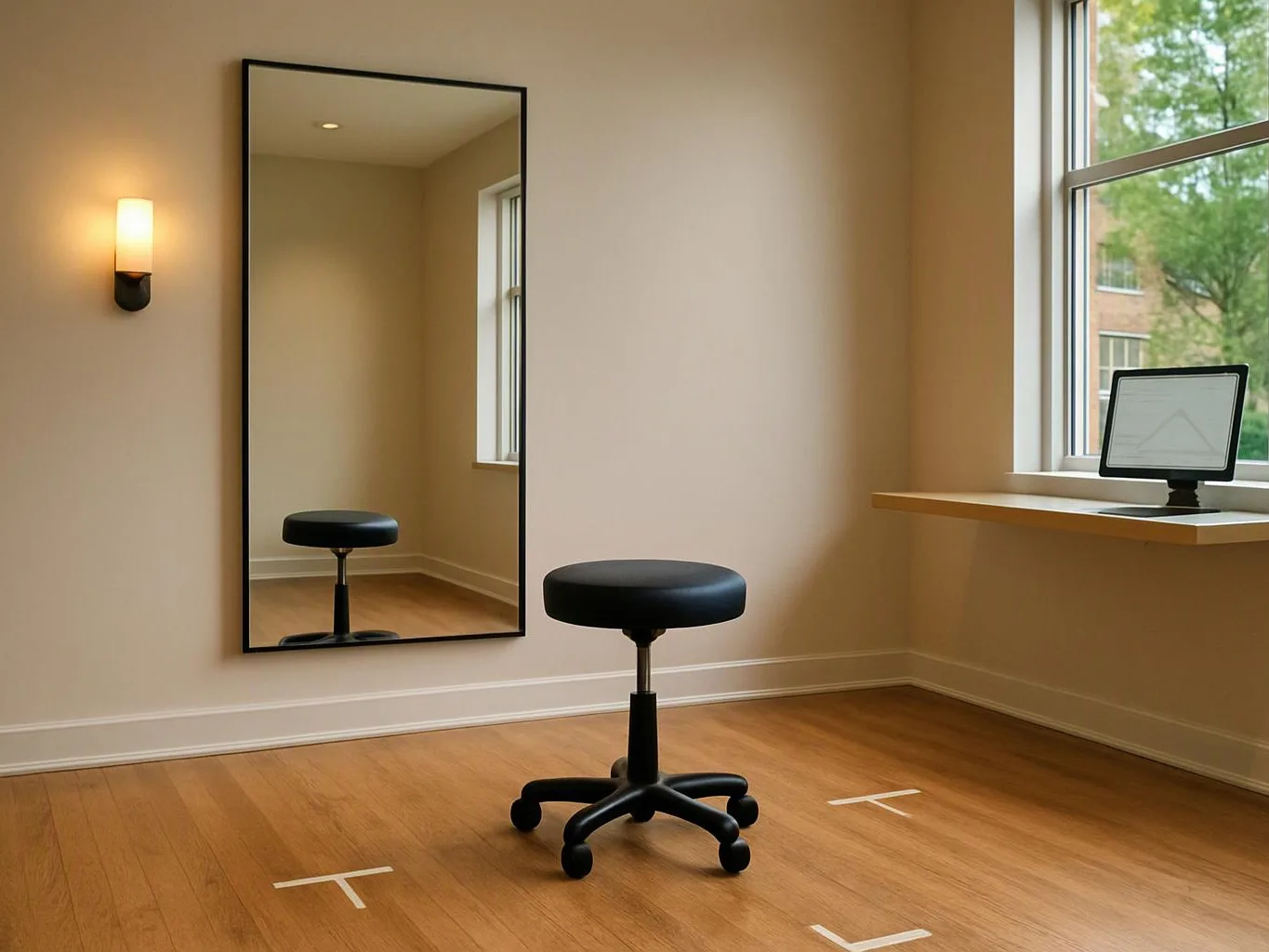 A small room holds a black stool, a wall mirror, a lit sconce, and a window with a tablet on the sill