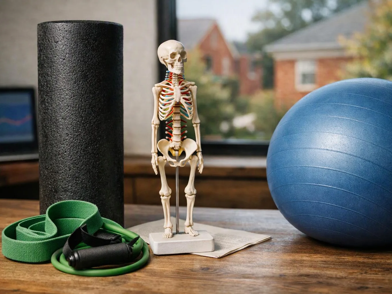A small skeleton model stands on a table beside a foam roller, exercise bands, a stability ball, and a notebook