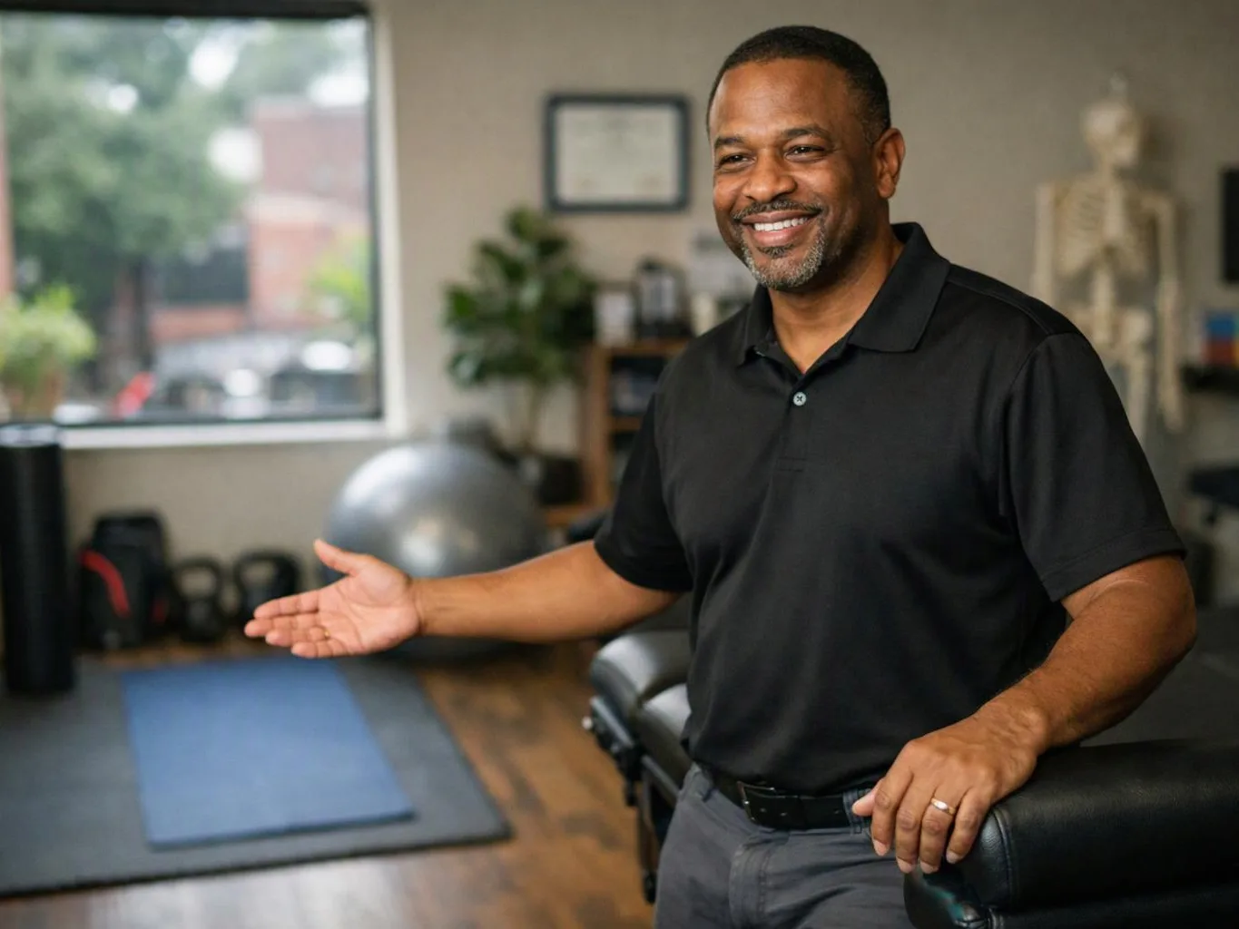 A smiling man in a black polo gestures in a gym or therapy room with exercise equipment and a skeleton model behind him