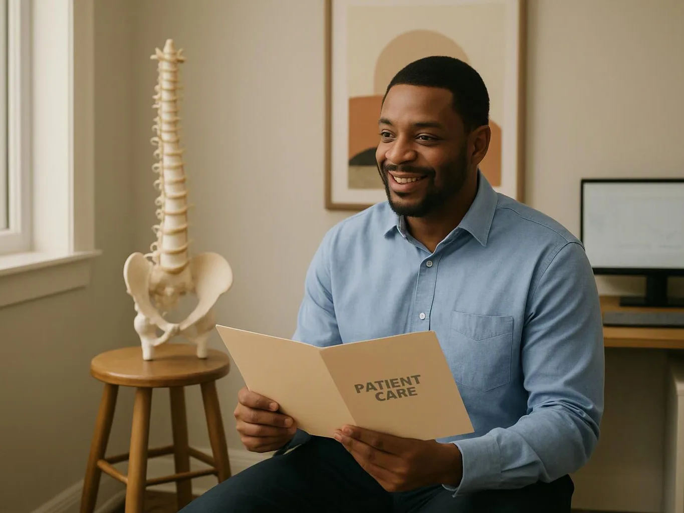A smiling man sits in a clinic room, holding a folder labeled “PATIENT CARE” beside a spine model