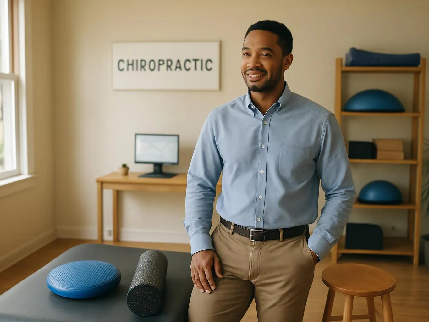A smiling man stands in a chiropractic treatment room beside a table with exercise props and shelves behind him