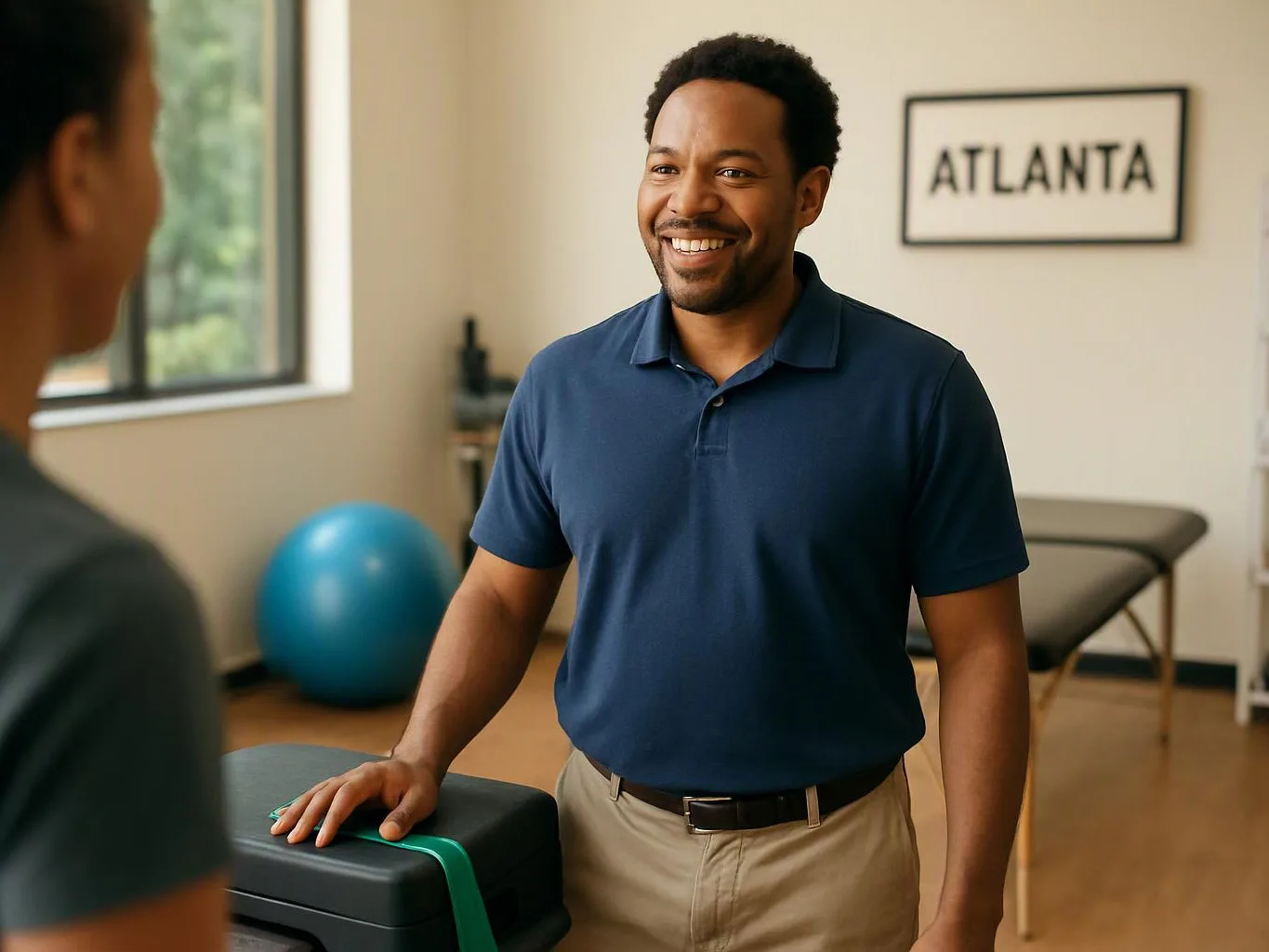 A smiling man stands in a therapy room beside a treatment table, facing another person in the foreground