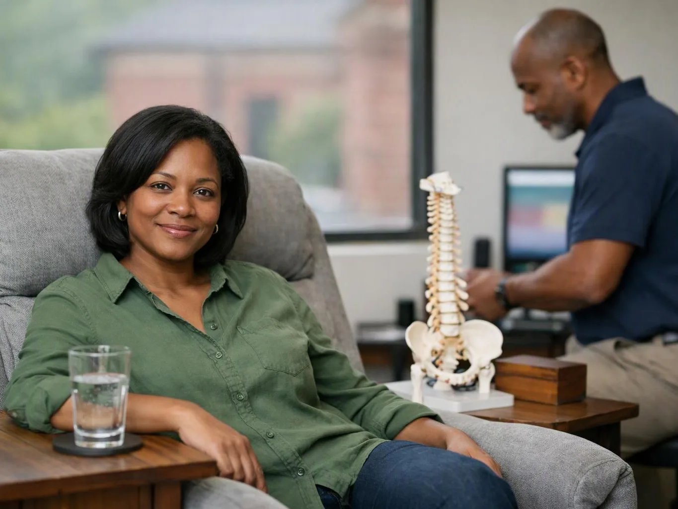 A smiling woman sits in a gray chair beside a glass of water, with a spine model and a man working behind her