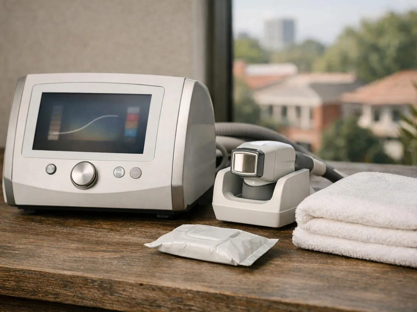 A spa treatment device sits on a wooden table beside a handpiece, wrapped packet, and folded white towels