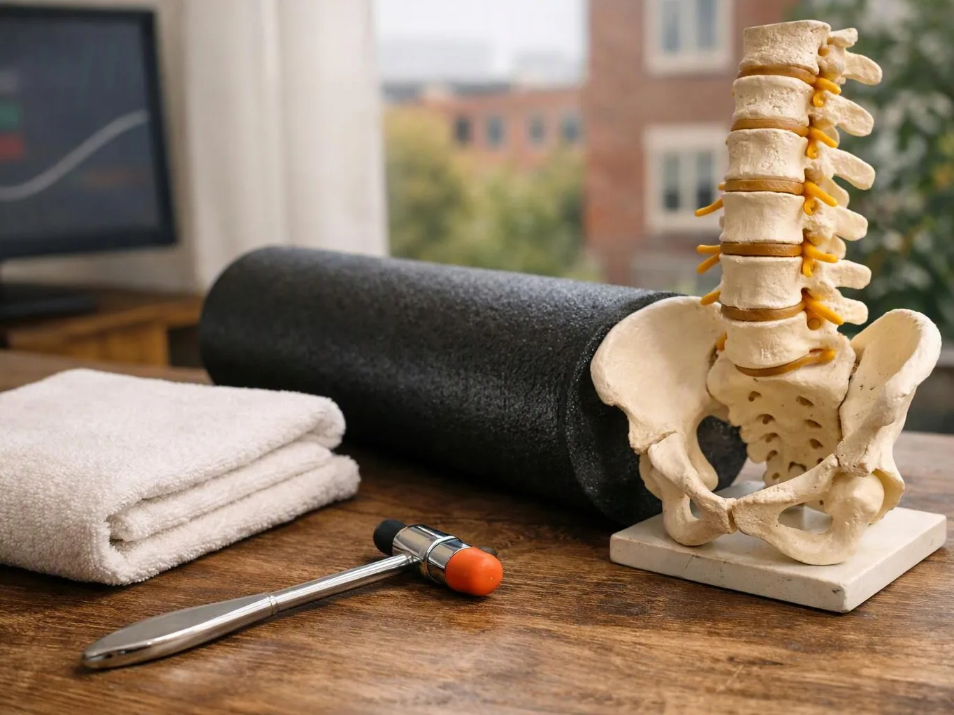 A spine model, foam roller, folded towel, and reflex hammer sit on a wooden table beside a window