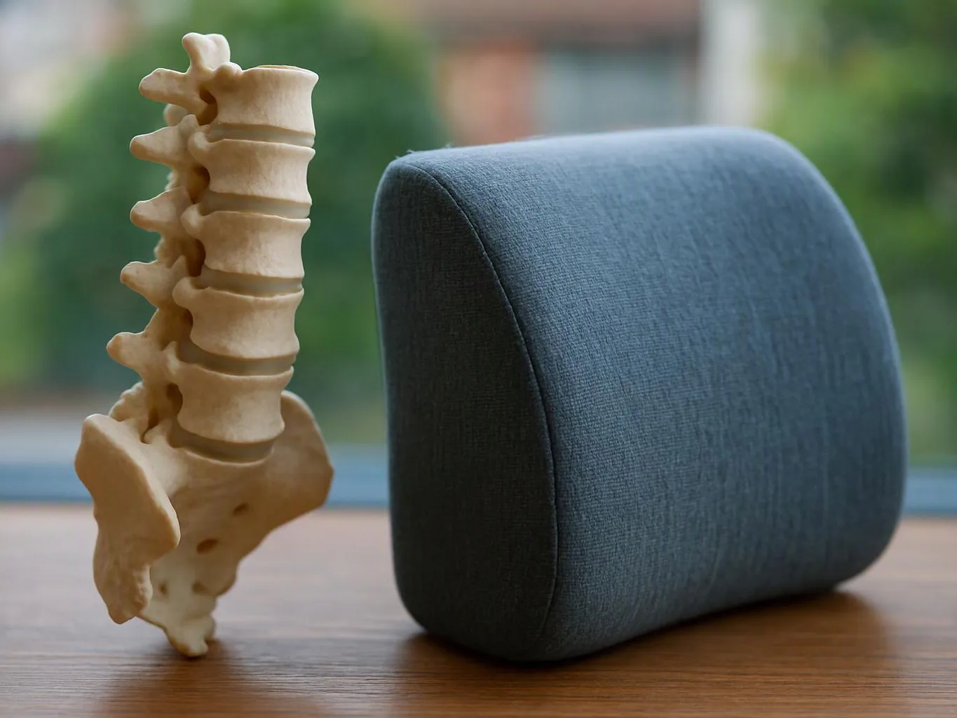 A spine model stands beside a blue cushioned chair back on a wooden table