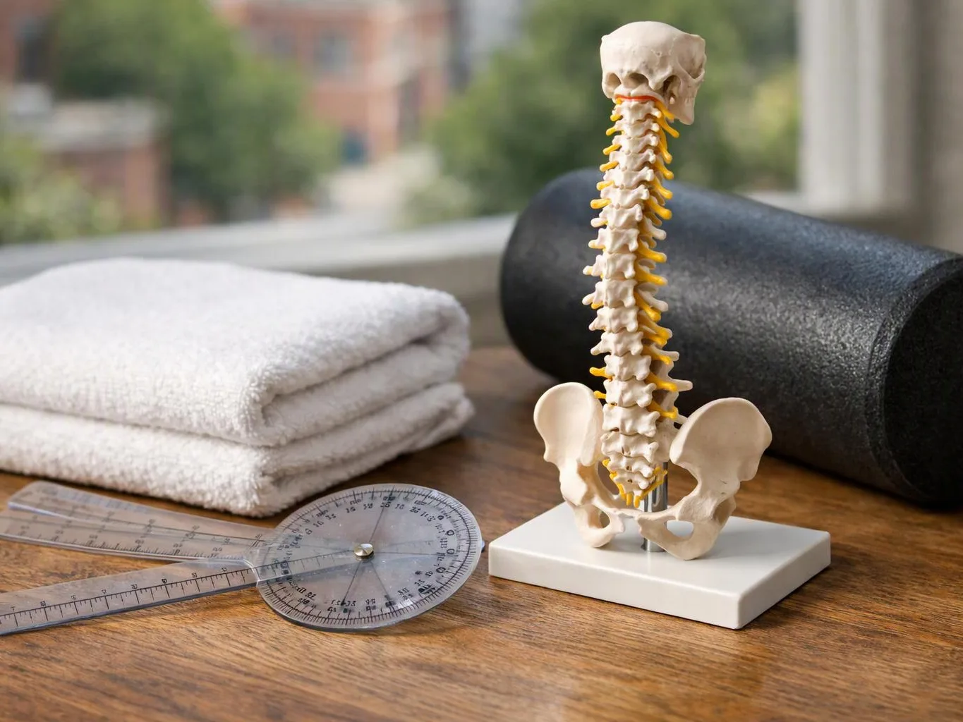 A spine model stands on a wooden table beside folded towels, a foam roller, and a clear measuring tool