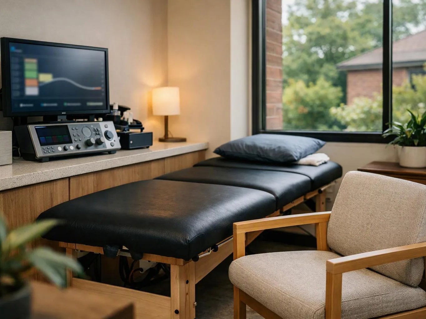 A treatment room shows a black exam table, a monitor on a counter, a lamp, and a chair by the window