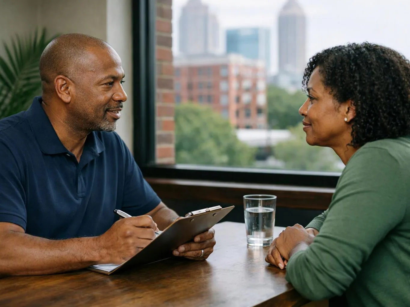 Two adults sit across a table, one writing on a clipboard while they talk beside a window with a city view
