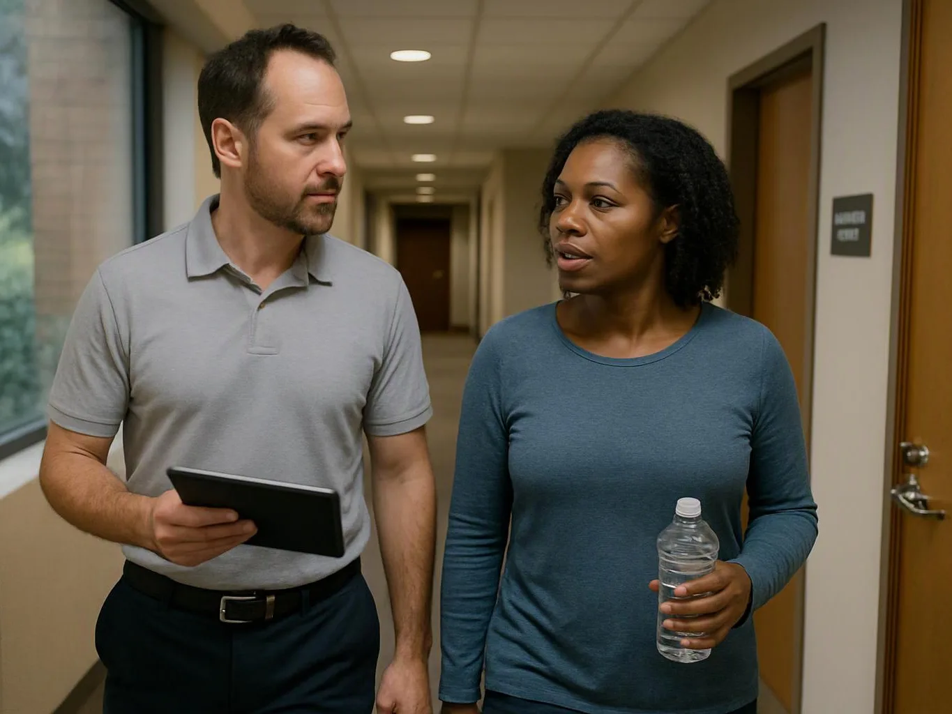 Two adults walk down a hallway, one holding a tablet and the other carrying a water bottle