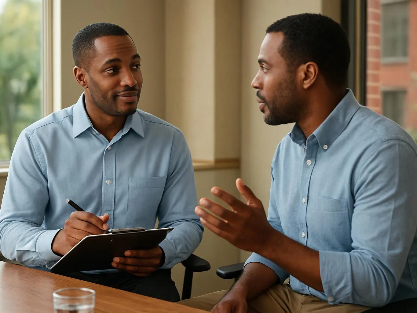 Two men in blue shirts talk at a table while one writes on a clipboard in a bright room