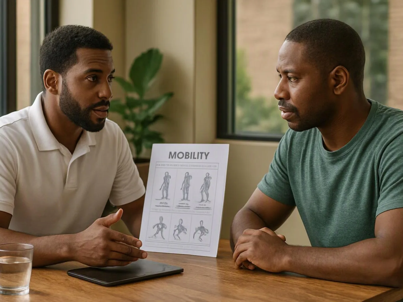 Two men sit across a table, talking beside a mobility exercise sheet in a bright room