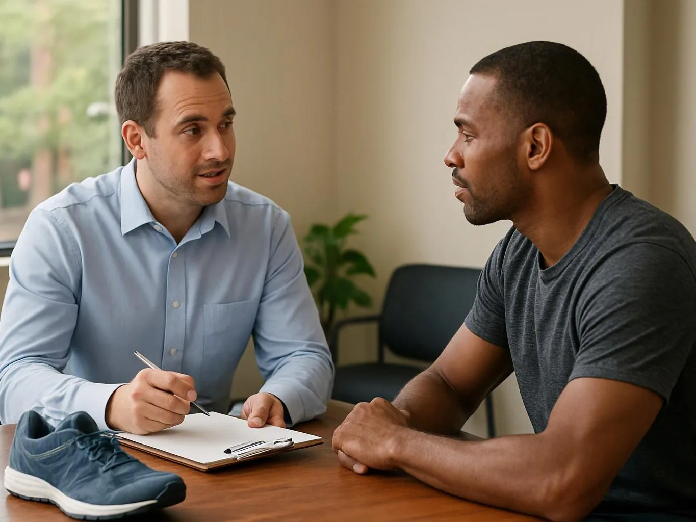 Two men sit at a table, talking while one writes notes beside a shoe in a bright room