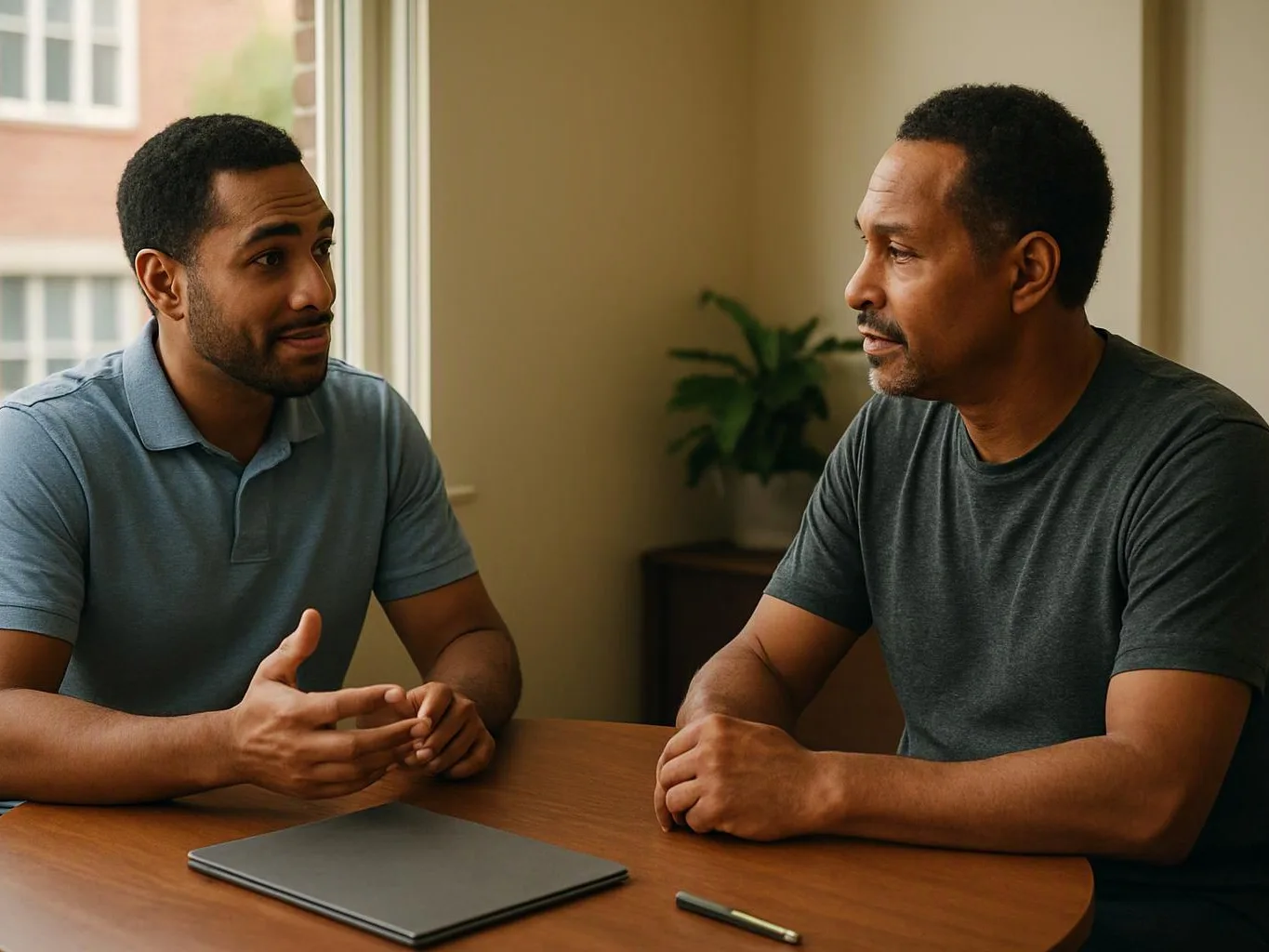 Two men sit at a wooden table by a window, talking across a closed laptop and pen