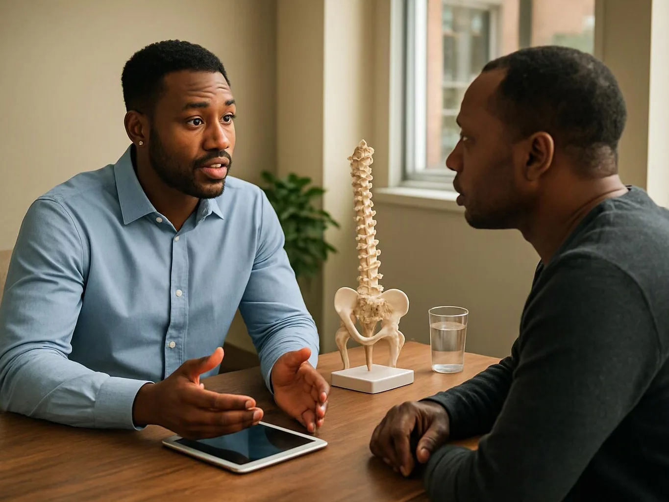 Two men talk across a table with a spine model, a tablet, and a glass of water in a bright room