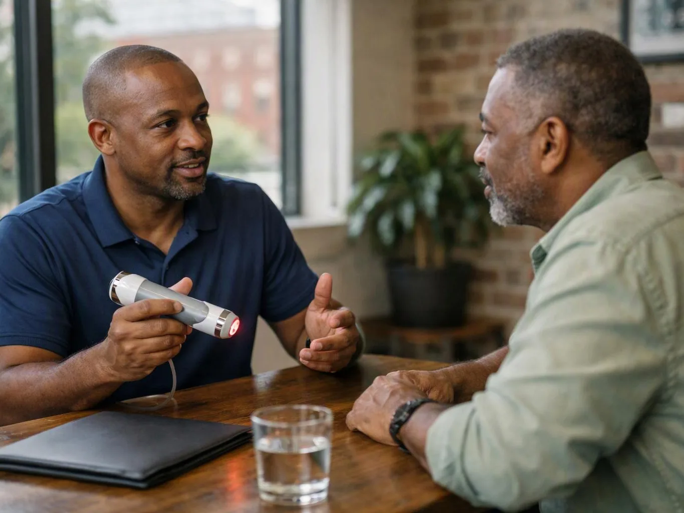 Two men talk at a wooden table, one holding a small silver device in a bright room with windows and a plant