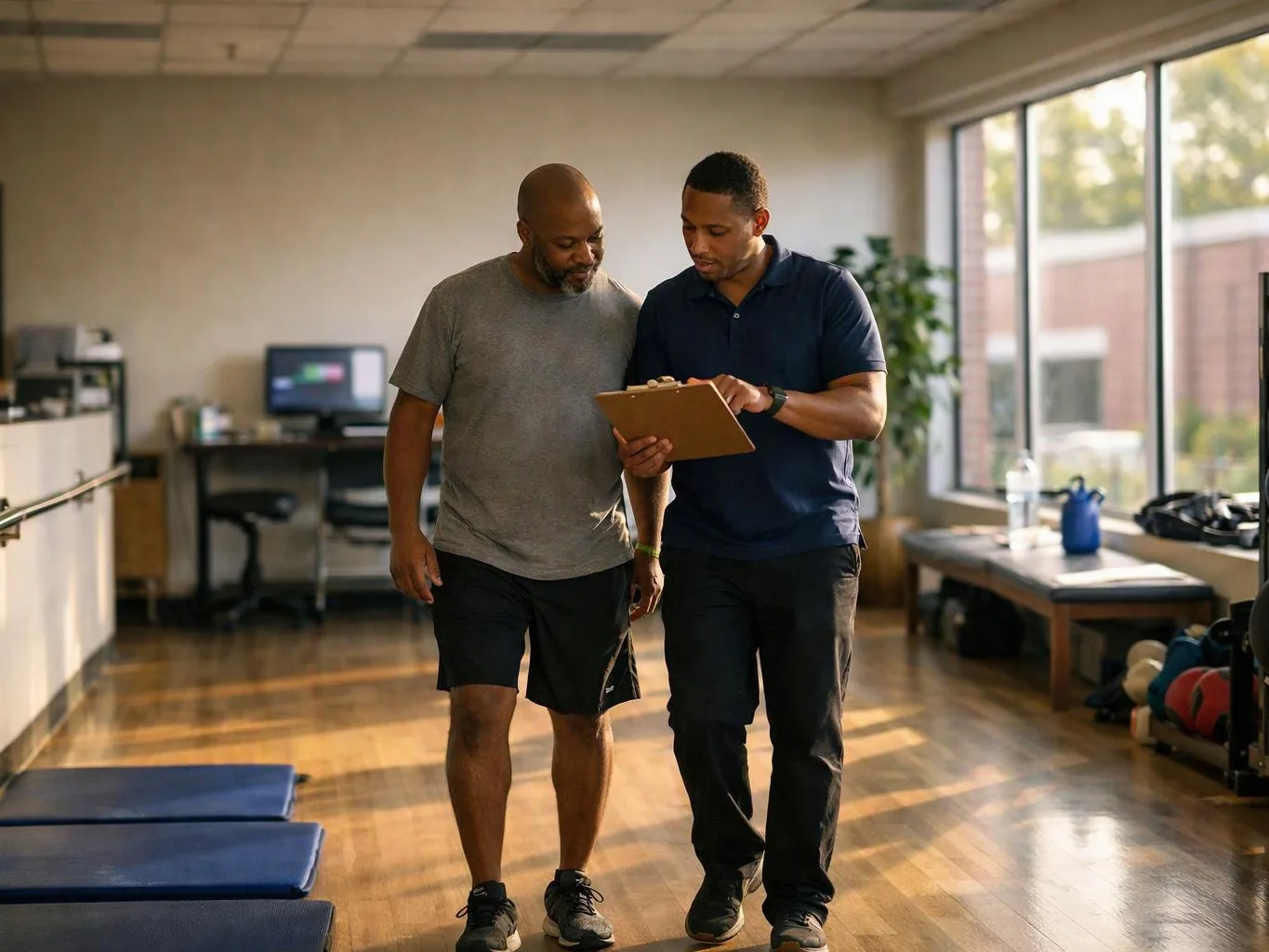 Two men walk through a sunlit gym while looking at a clipboard together