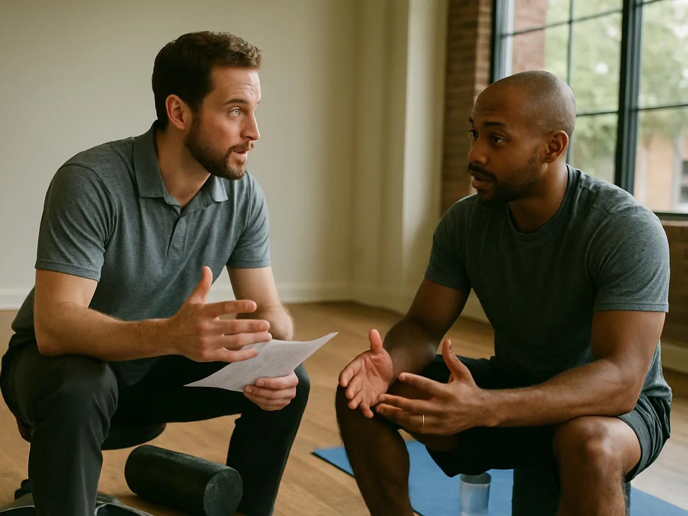 Two men in workout clothes sit on the floor talking, one holding a sheet of paper in a bright room