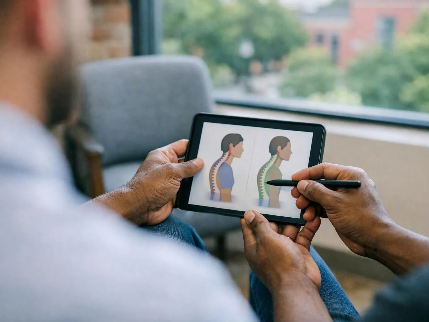 Two people hold a tablet showing spine posture diagrams, with one pointing using a stylus in a bright room