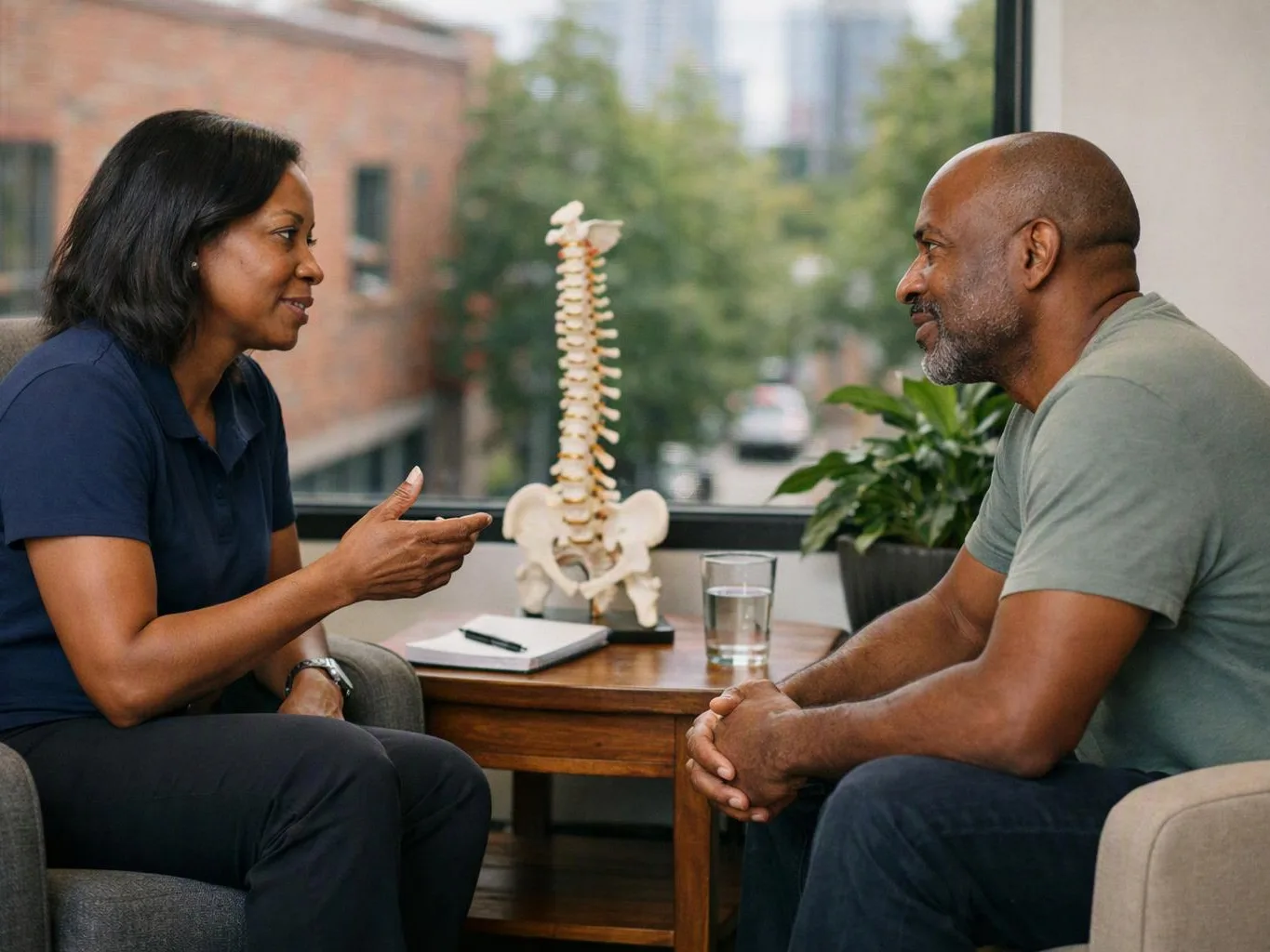 Two people sit across a small table, talking beside a spine model, notebook, and glass of water by a window