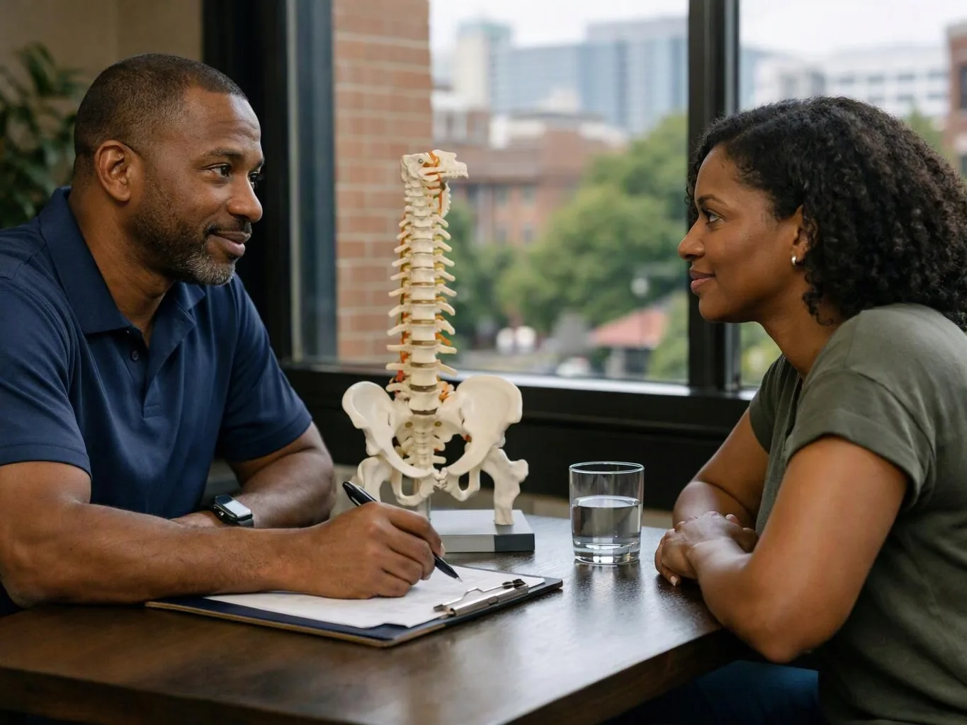 Two people sit across a table, discussing a spine model beside a clipboard and glass of water in a bright room