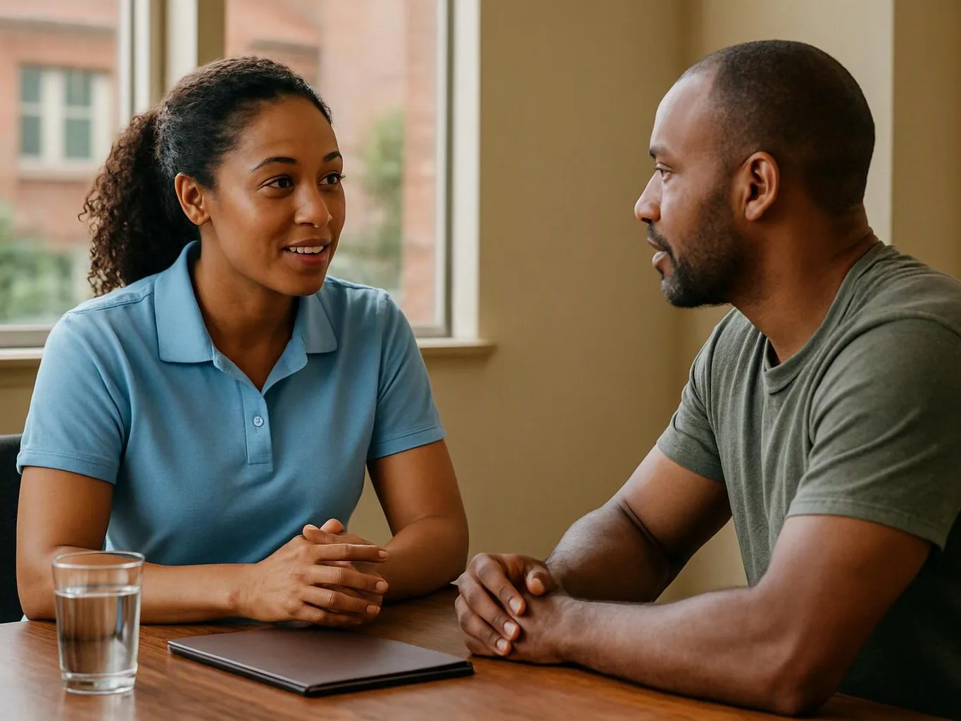 Two people sit across a table and talk beside a window, with a glass of water and a closed notebook in front of them