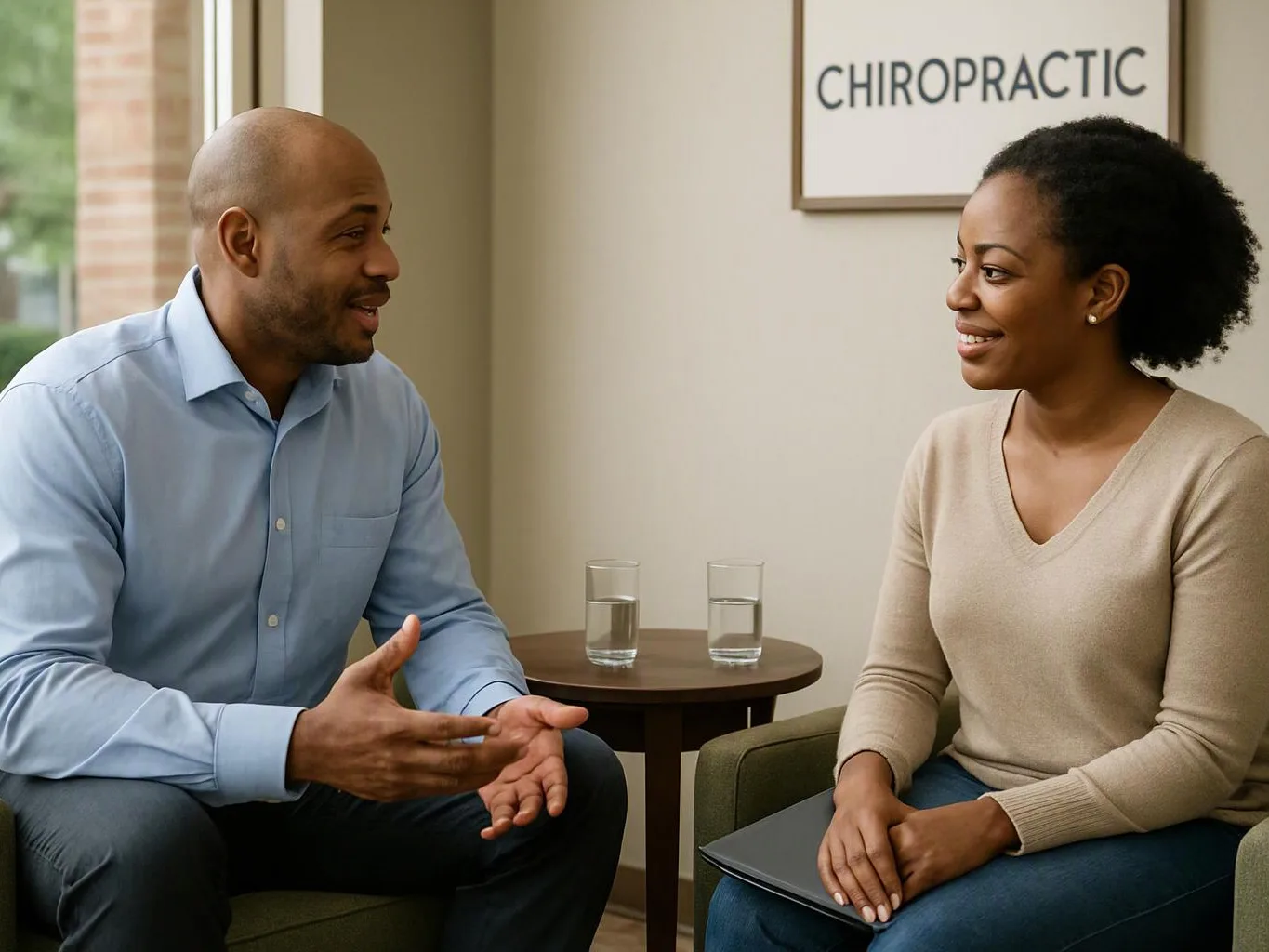 Two people sit in a clinic waiting area and talk beside a sign reading “CHIROPRACTIC”