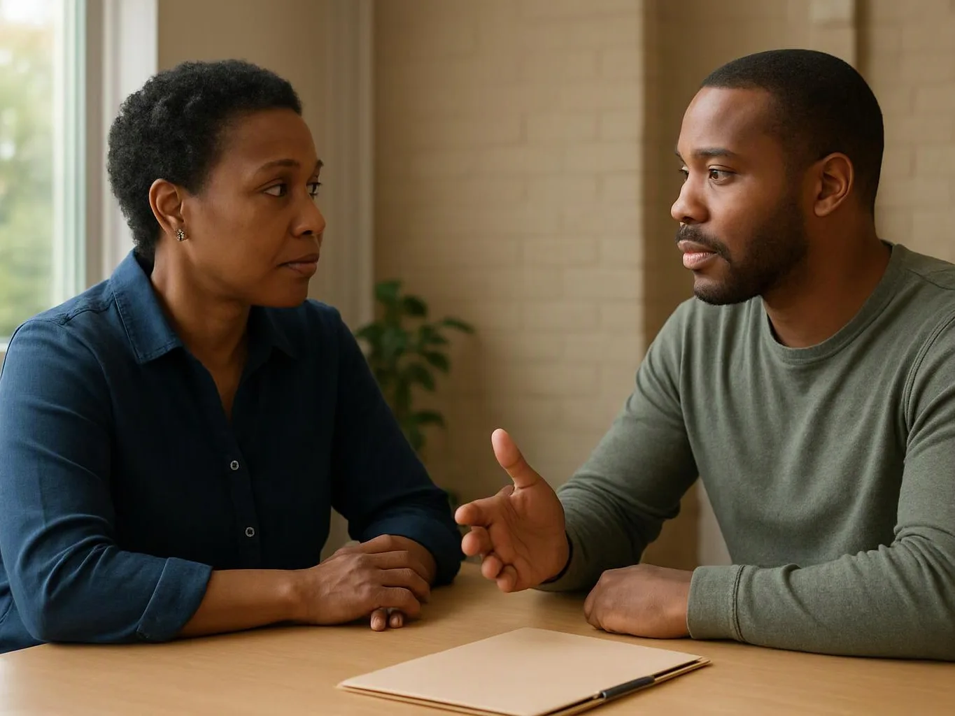 Two people sit at a table in a bright room, talking seriously with a notebook between them