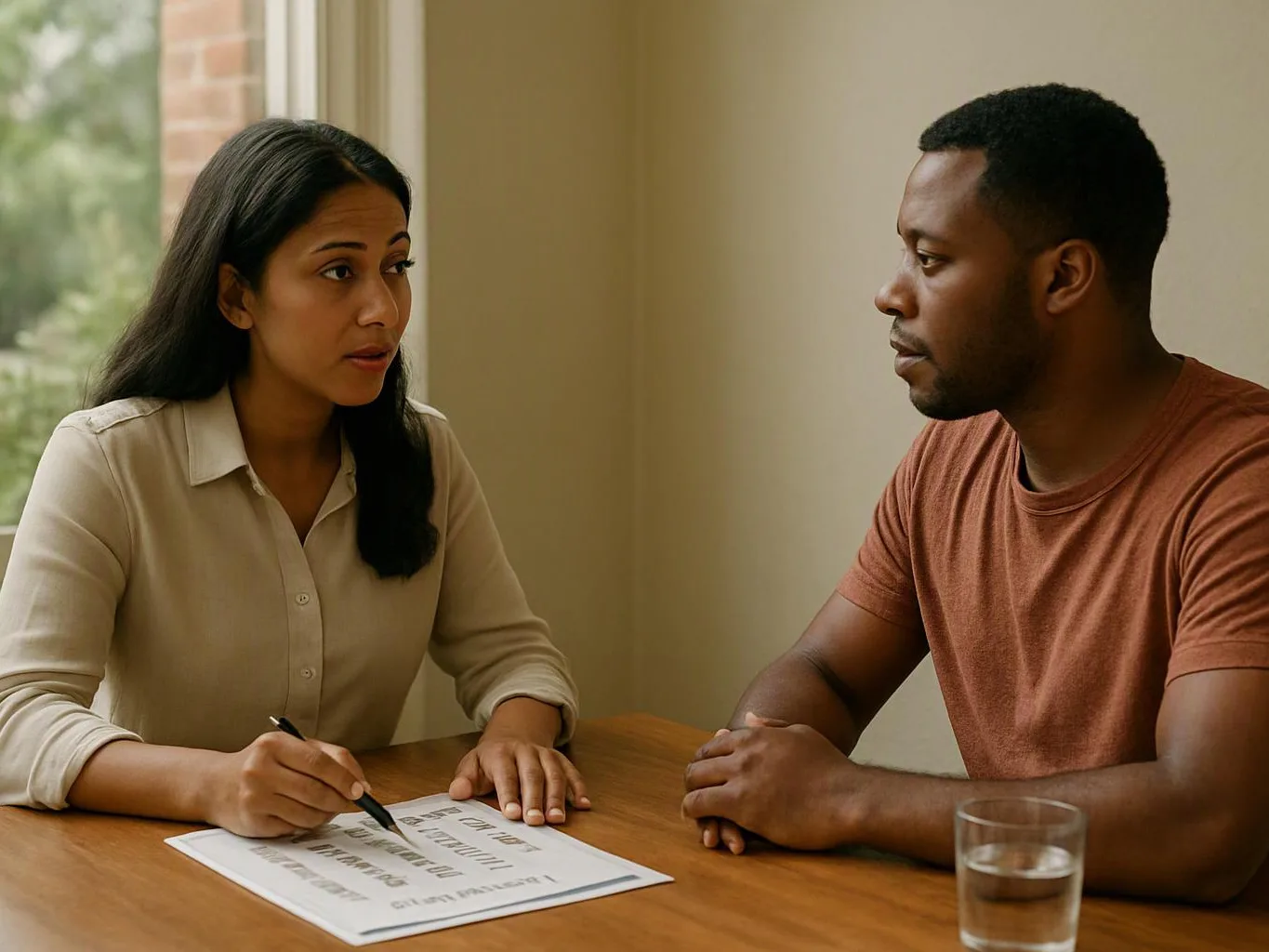Two people sit at a table, one writing on a paper while they talk in a plain room