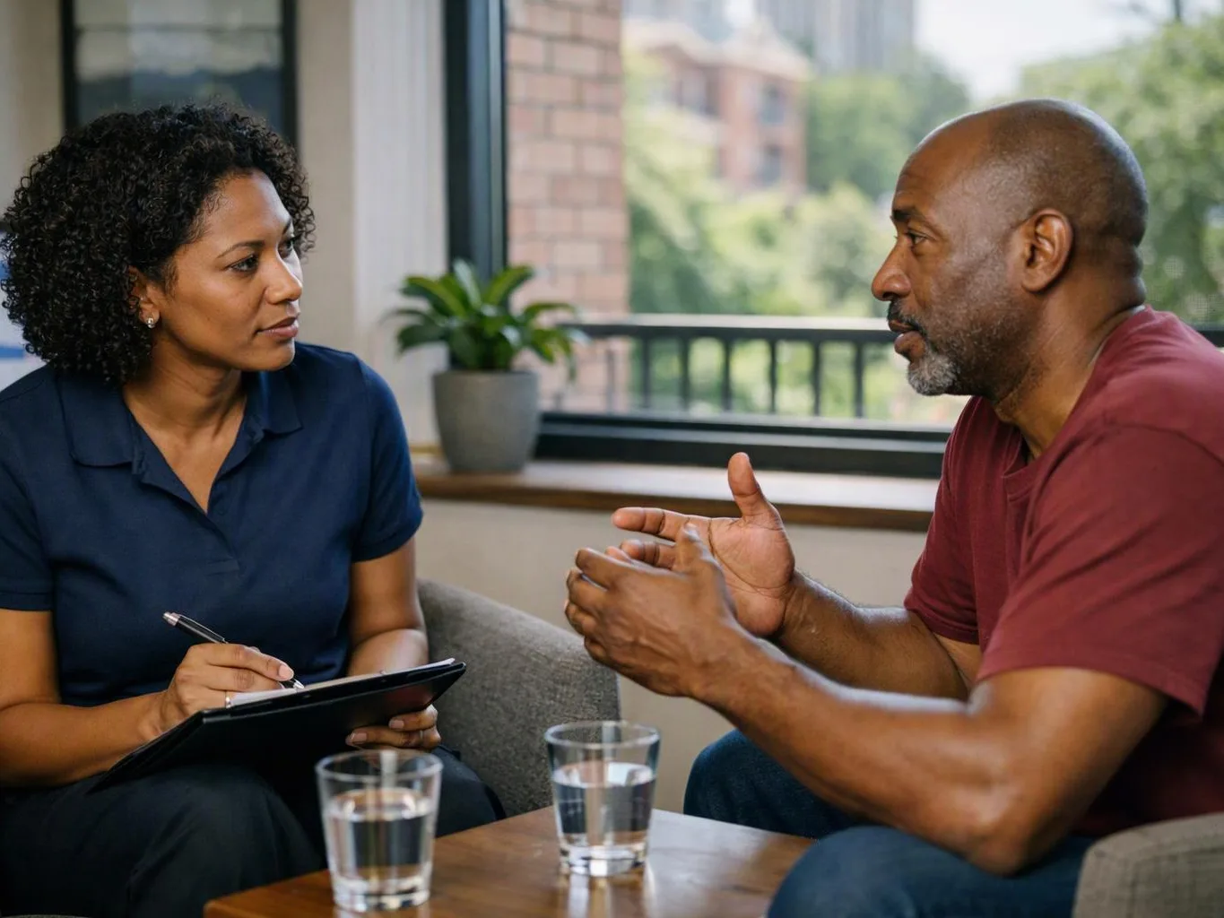 Two people sit by a window, talking while one writes on a clipboard and the other gestures with his hands