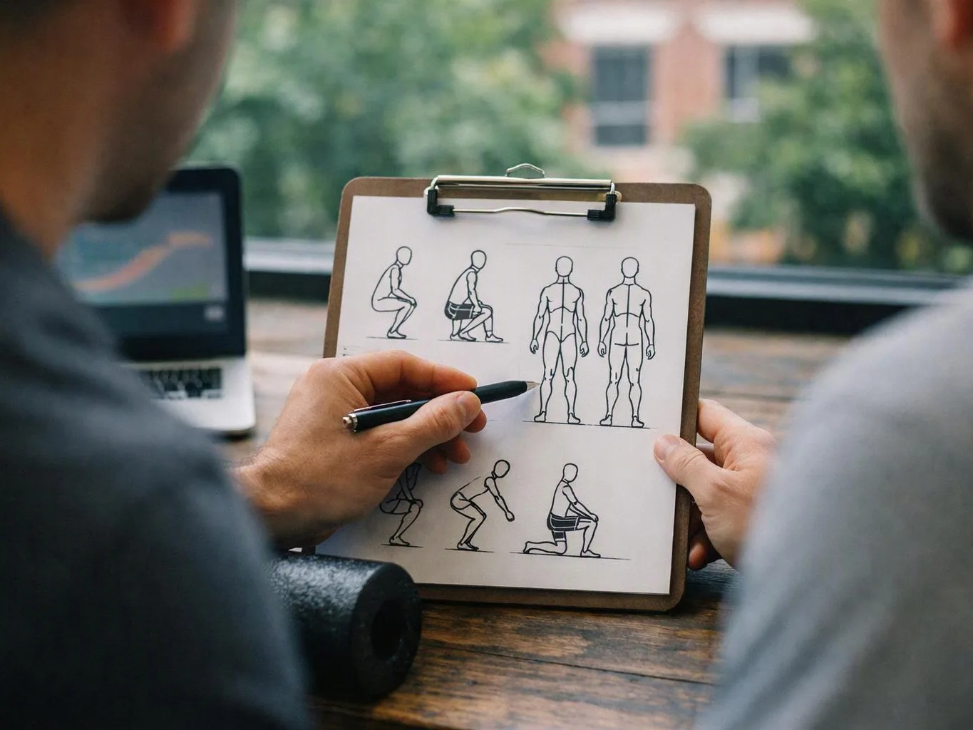 Two people study a clipboard of body position sketches beside a laptop on a wooden table