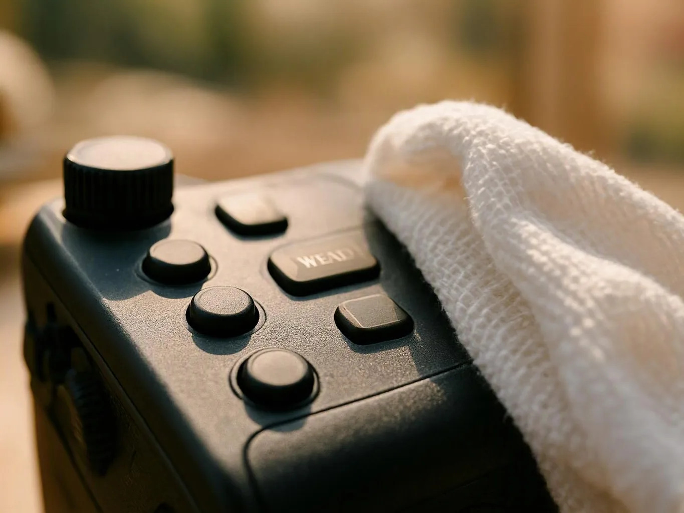 A white cloth wipes a black remote control with several buttons and a knob on a blurred background