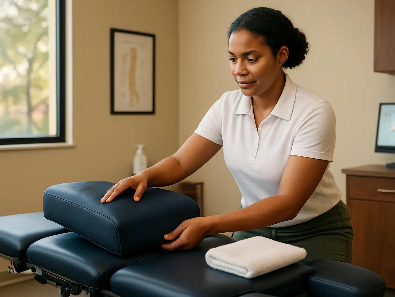 A woman adjusts a padded cushion on a treatment table in a quiet room