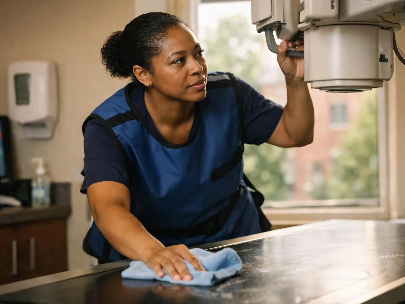 A woman cleans a countertop while checking a medical imaging machine in a bright room