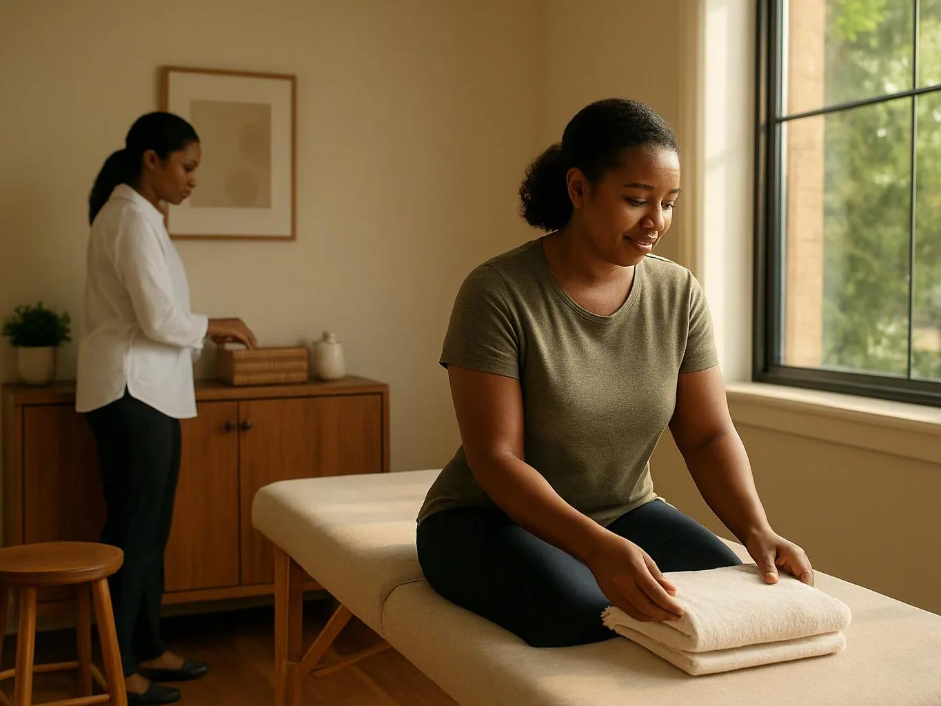 A woman folds towels on a massage table while another woman stands by a cabinet in a bright room