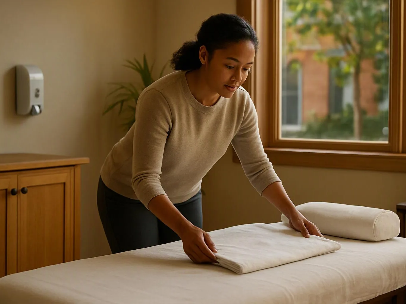 A woman folds a white towel on a massage table beside a sunny window