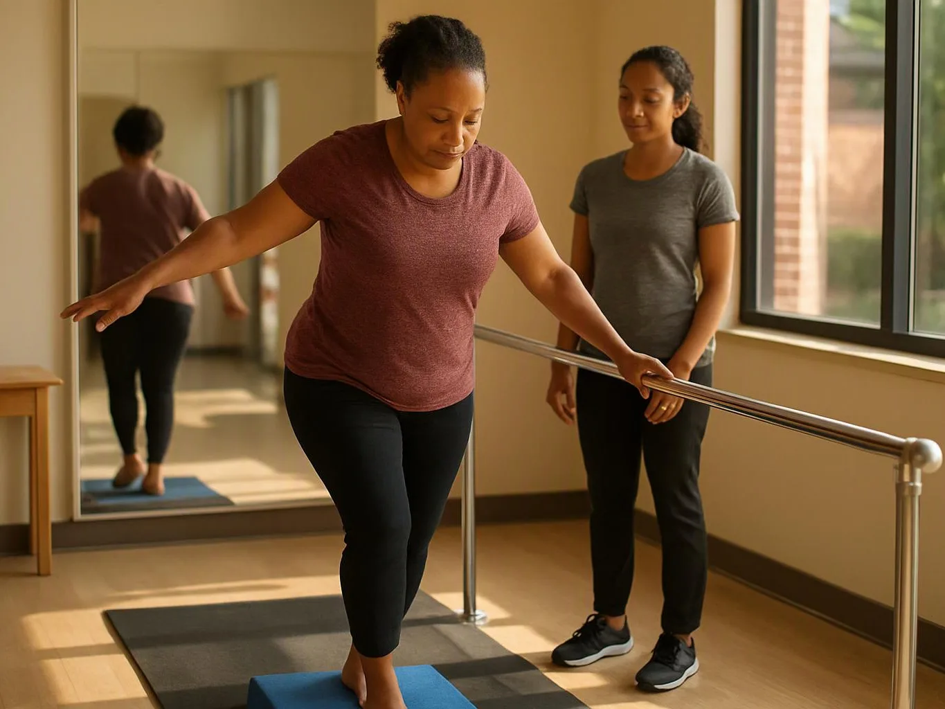 A woman practices balance on a blue foam pad beside a barre while another woman watches in a bright studio
