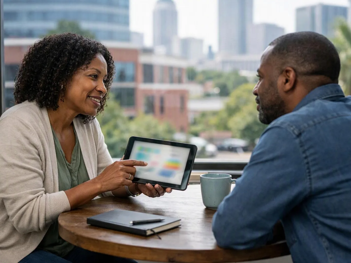 A woman shows a tablet to a man across a table with a notebook and mug, against a city skyline