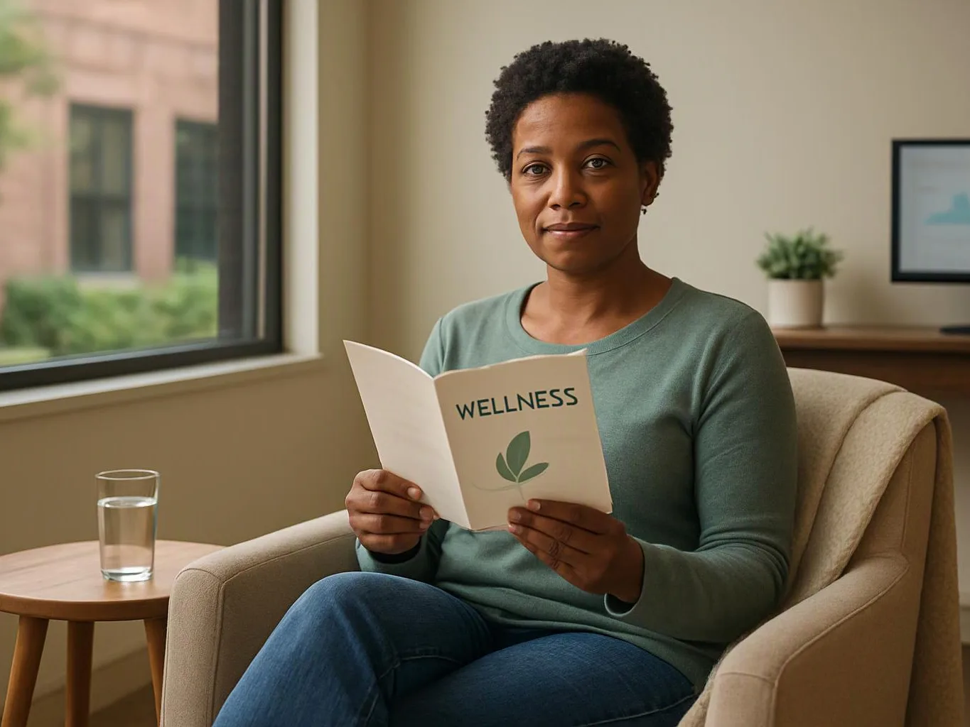 A woman sits in an armchair, holding a wellness booklet beside a glass of water and a window
