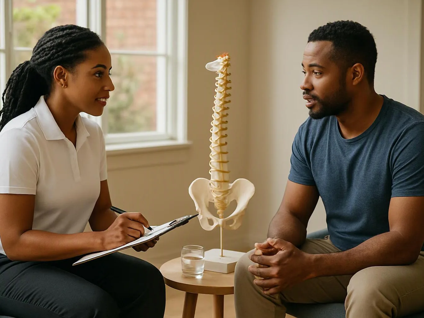 A woman takes notes while speaking with a man beside a spine model in a bright room