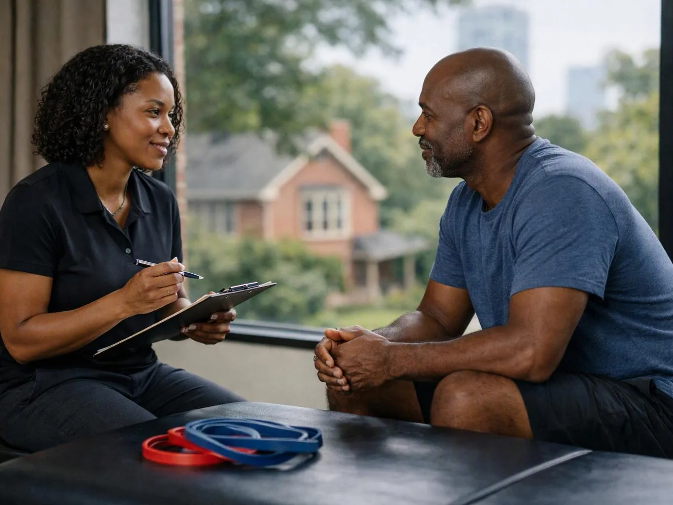 A woman takes notes while speaking with a man in a bright room near a window