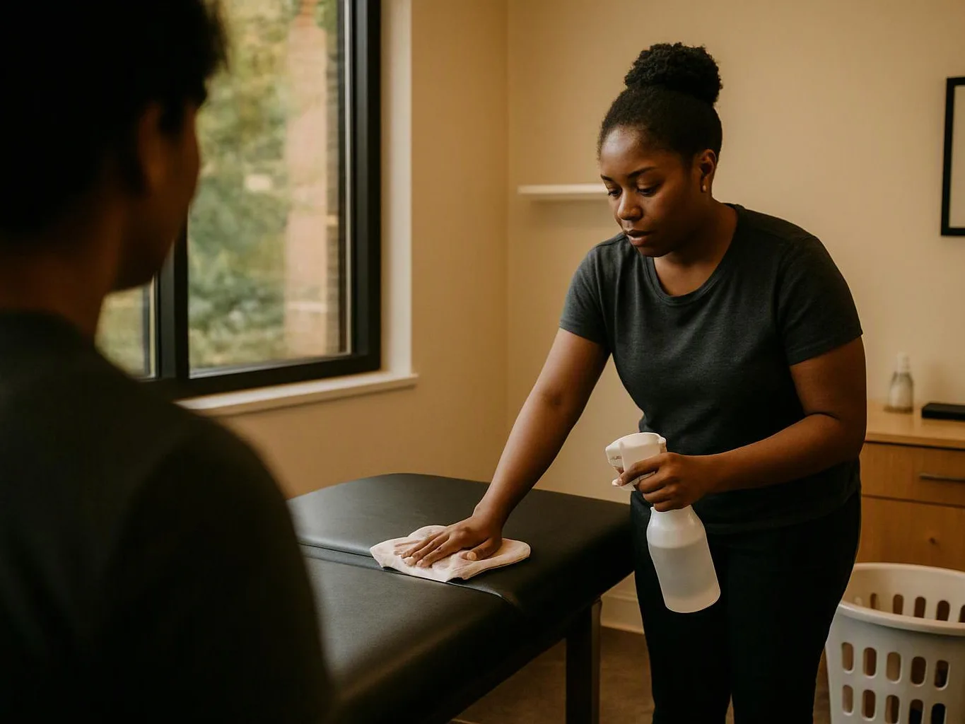 A woman wipes a massage table with a cloth while holding a spray bottle in a quiet room