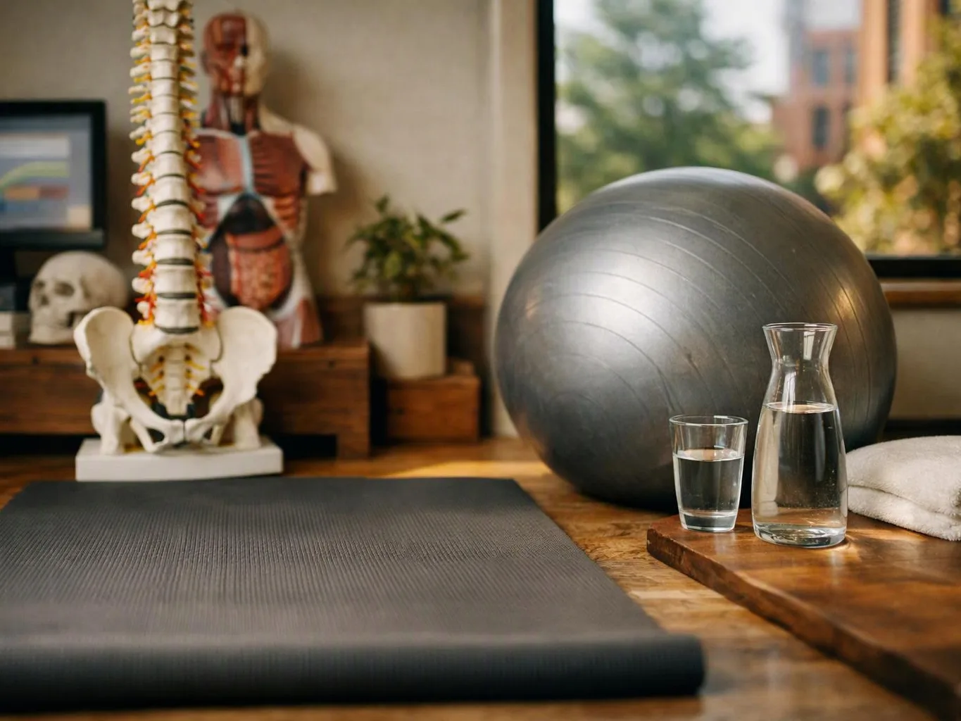 A yoga mat sits beside an exercise ball, water glasses, and a spine model in a bright therapy room